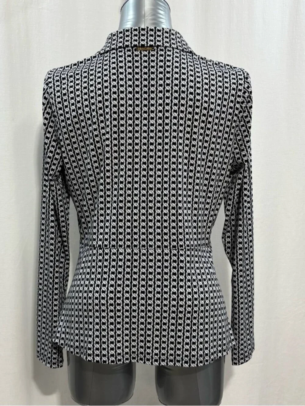 Michael Kors Black & White Chain Link Print Twist Front Long Sleeve Blouse L 566